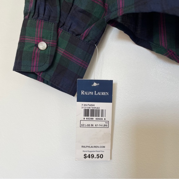 Ralph Lauren Girls Ruffle Navy Blue Plaid Long Sleeve Blouse Shirt 10 - Picture 6 of 9